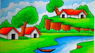 How to draw a beautiful landscape village scenery step by step