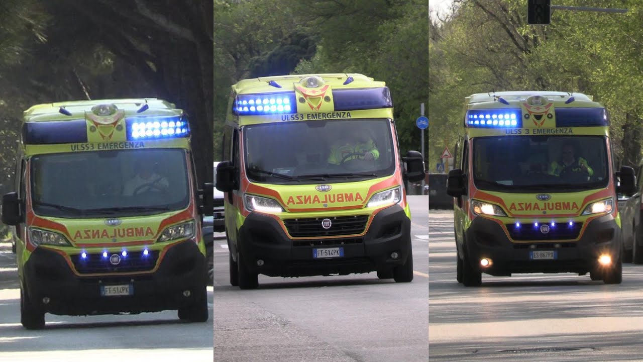 X3 Ambulanze SUEM 118 in sirena al Lido di Venezia // X3 ambulances responding code 3 at Venice