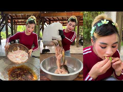 Cooking fried fish and pork with fresh vegetable recipe