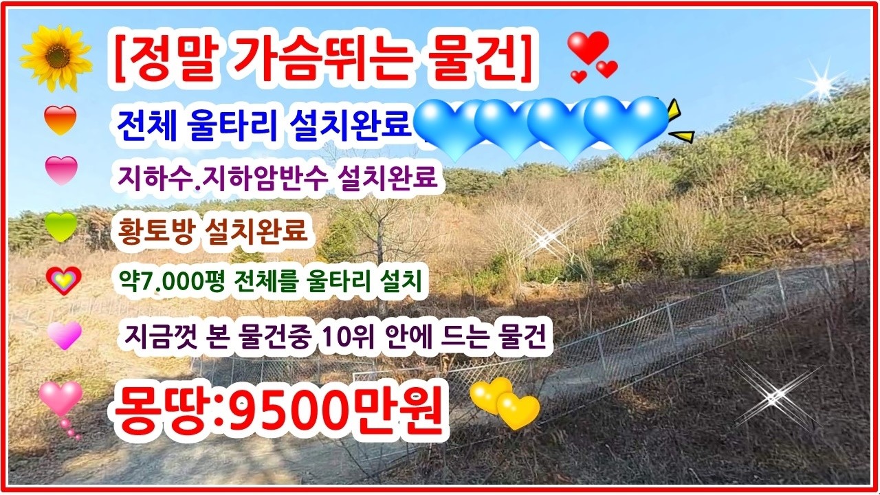[내가 본 물건중에 탑10 ] 정말 가슴뛰는 물건.임야 약7.000평 전체 울타리설치완료 황토관리사 설치.지하암반수 사용 전기10키로설치, 산지내 작업로 설치완료