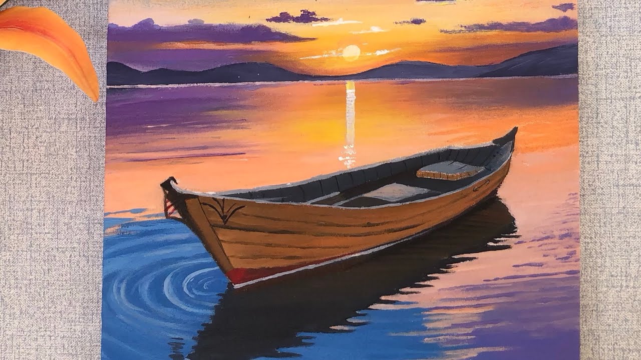 Sunset Seascape Painting | How to draw a Sea boat | Acrylic Painting ...