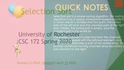 University of Rochester: CSC 172 Spring 2020 - Extra Credit Sorting Video