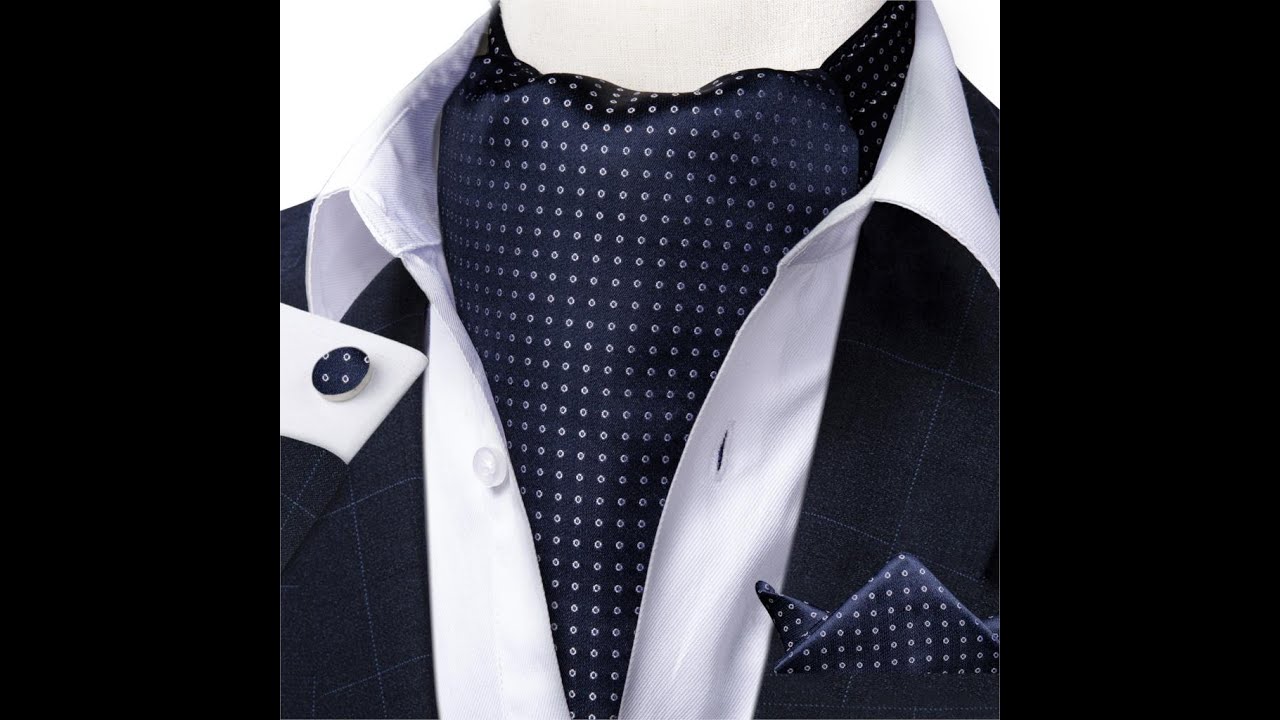 Men luxury silk ascot tie set navy dot pocket square wedding necktie self british style vintage