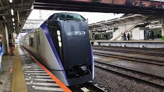 [ちょいロング空笛・MH2回ずつあり！]E353系 S101編成 特急あずさ9号松本行がちょいロング空笛・MH2回鳴らしながら八王子駅4番線に入線するシーン