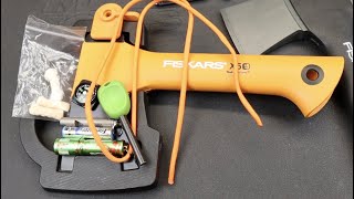 Hatchet Handle Survival EDC Kit: Fiskars X5 with fire starter, light, compass, whistle, tinder, etc.