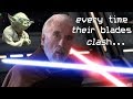 Anakin and Obi-Wan vs Dooku, but every time their blades clash, Yoda Laughs