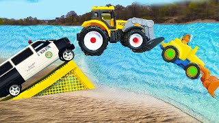Truck Cars Tractor Police Excavator Ship Fire Engine - Car Jump In Water in Village, toys for kids