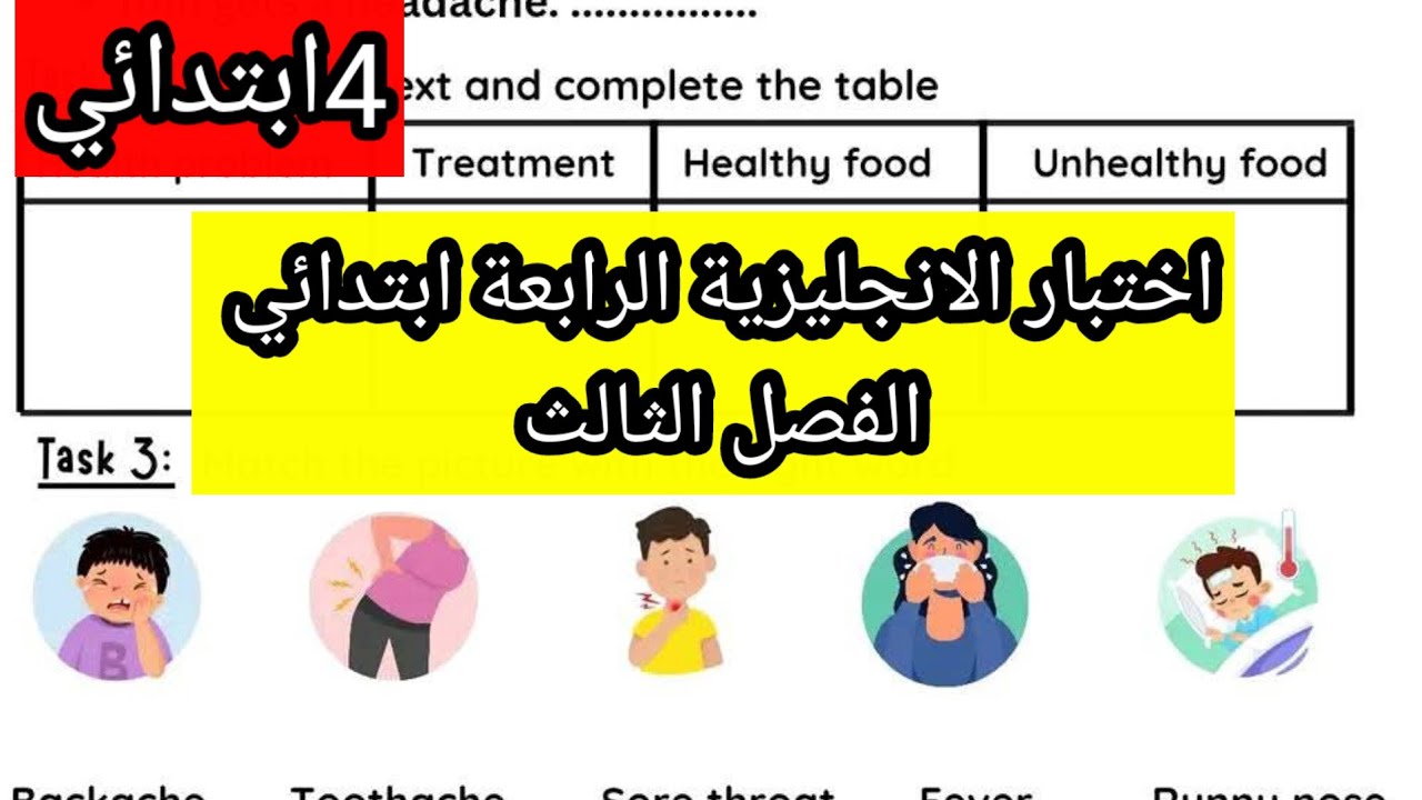 اختبار الانجليزية الرابعة ابتدائي النموذج 1 الفصل الثالث