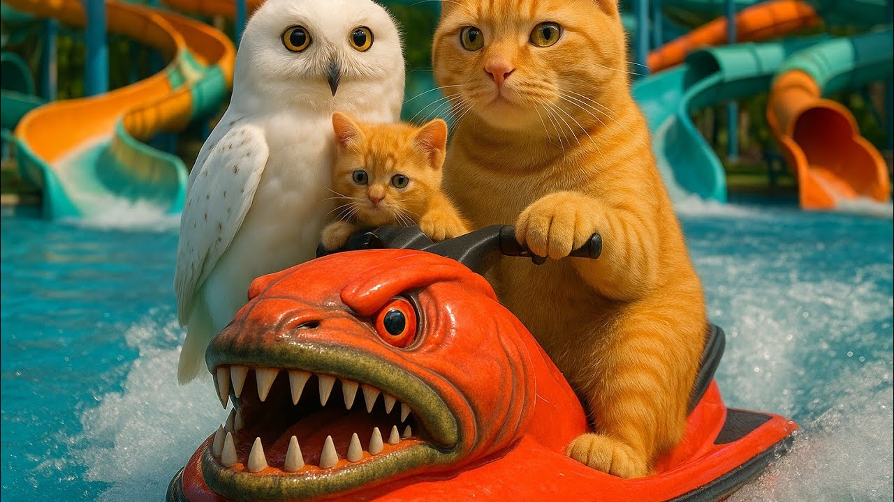 "Yellow Cat, Baby & White Owl Ride a Monster Bike at Water Park! 😱🐱🦉💦 | Epic Adventure