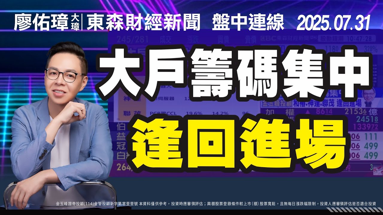 20250731｜大戶籌碼集中～逢回進場｜東森新聞盤中連線｜#6215和椿 、 #3706神達 、 #6213聯茂