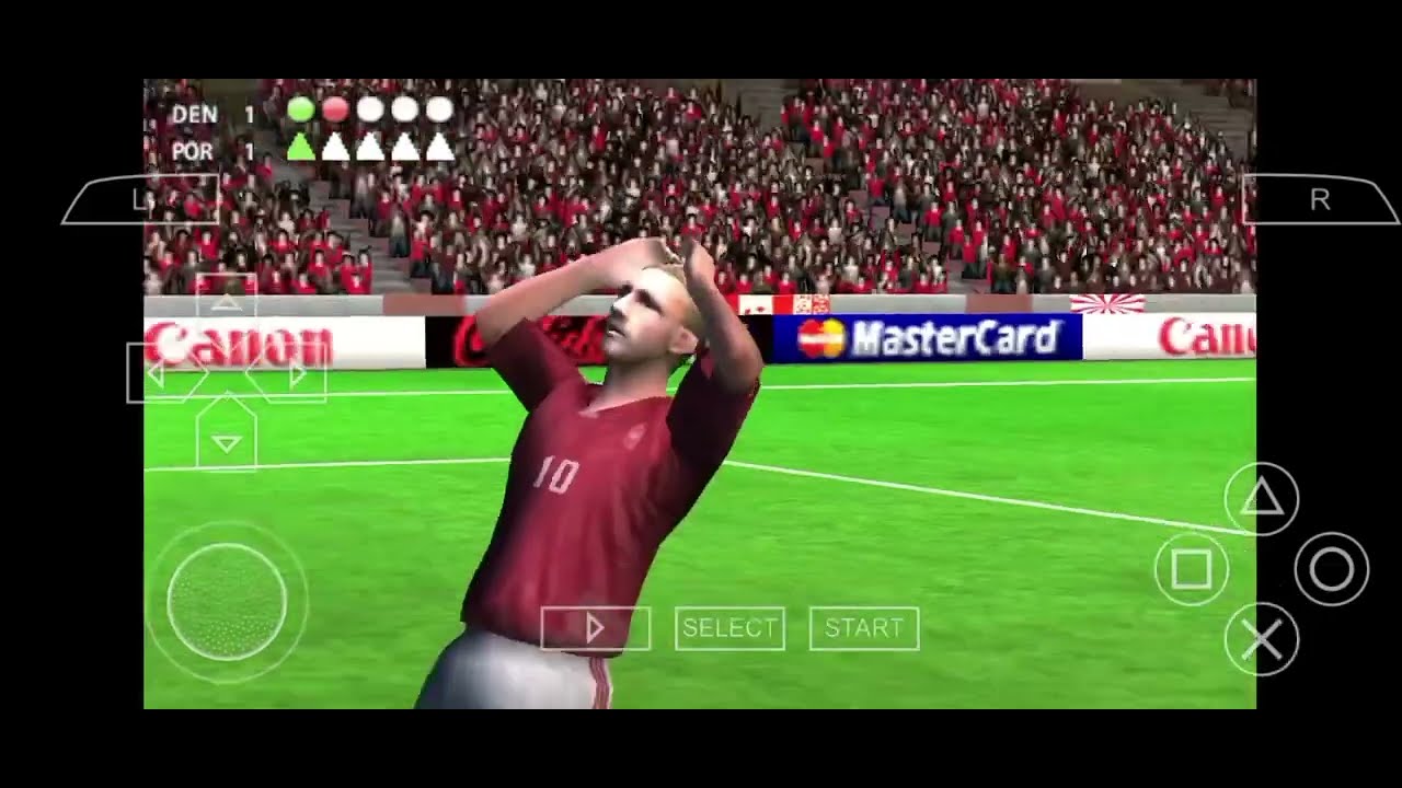 Gameplay no emulador de PSP UEFA Euro 2008 disputa de penaltis entre Dinamarca Portugal.
