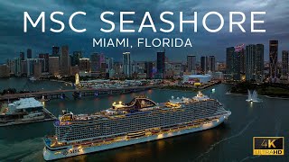 Newest MSC Cruise Ship MSC Seashore sails from Miami Florida | Blue Hour Departure  - 4k