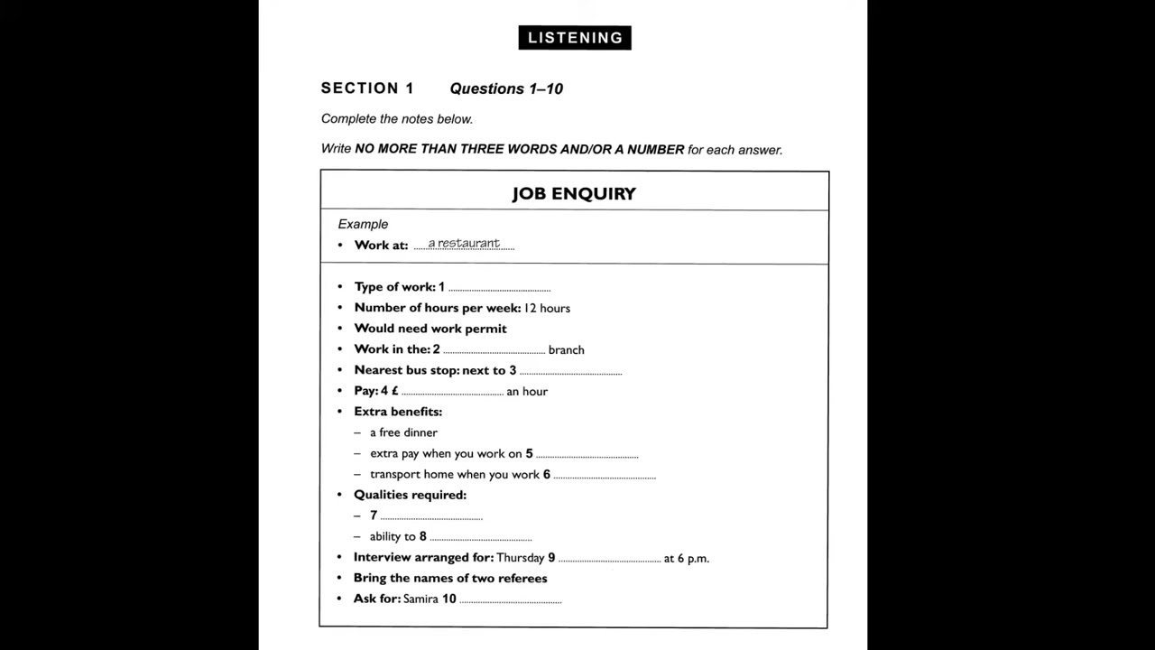 IELTS Listening Job enquiry test Actual listening test 3 book 9