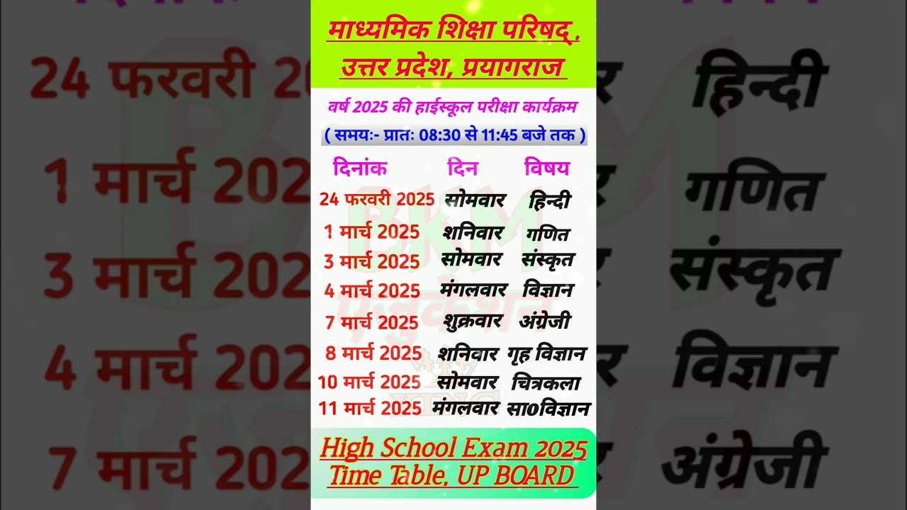 Up board high school time table 2025 || Up board high school time table 2025 || up board time table