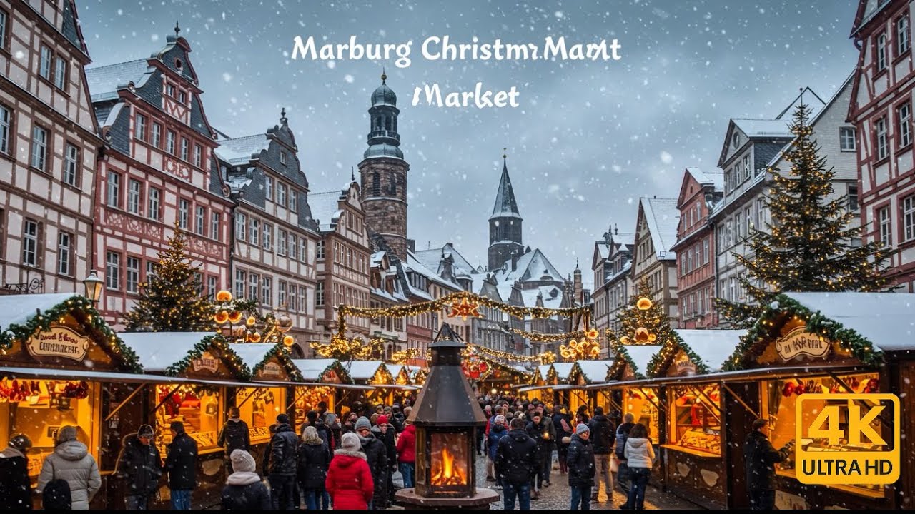 Рождественский рынок Марбурга ночью 2023 г. | 4K HDR 60 кадров в секунду Марбург