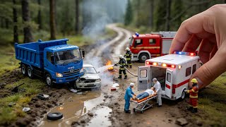 Forest Road Disaster 😱🚚 Car Hit by Blue Hino Truck | Ambulance Rescue | Realistic Miniature Diorama screenshot 1