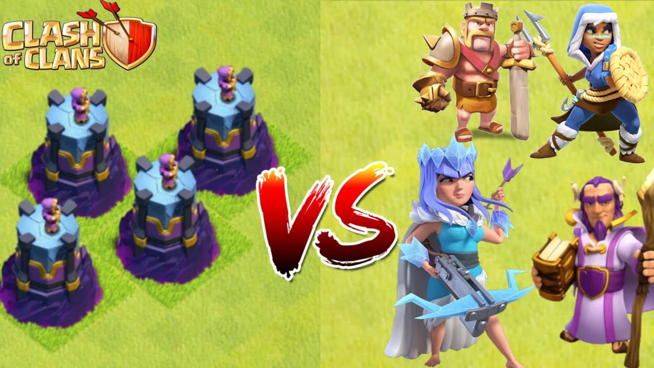 Clash of Clans Wizard Tower vs Barbarian King , Archer Queen and Royal Champion 