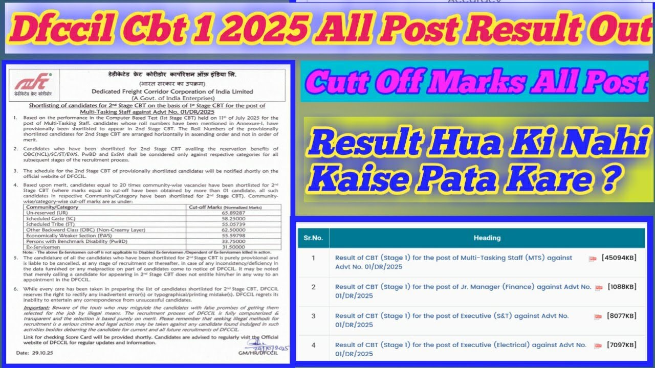 DFCCIL 2025 CBT 1 ALL POST FINAL RESULT OUT... CUTT OFF MARKS ? ALL POST RESULT KAISE DEKHE ..