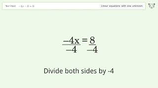 Linear equation with one unknown: Solve -4x-8=0 step-by-step solution