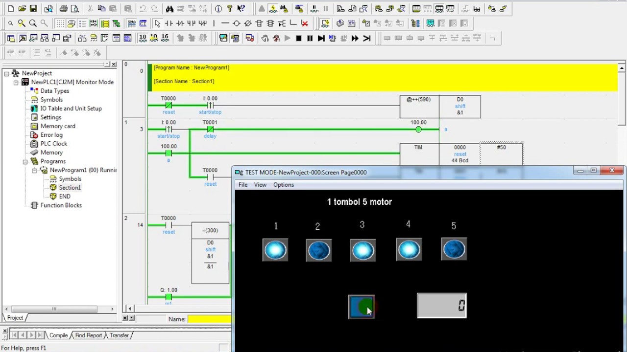 simulasi 1 tombol 5 motor plc omron