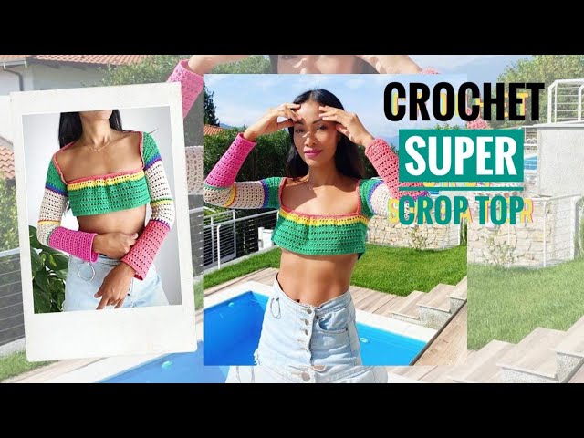 Super crop top with long sleeves, crochet sexy top, easy crochet top  #crochetsupercroptop 