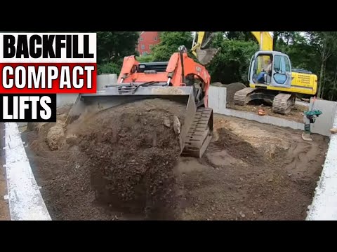 Backfilling a garage foundation with gravel & compacting in lifts with dump truck & excavator