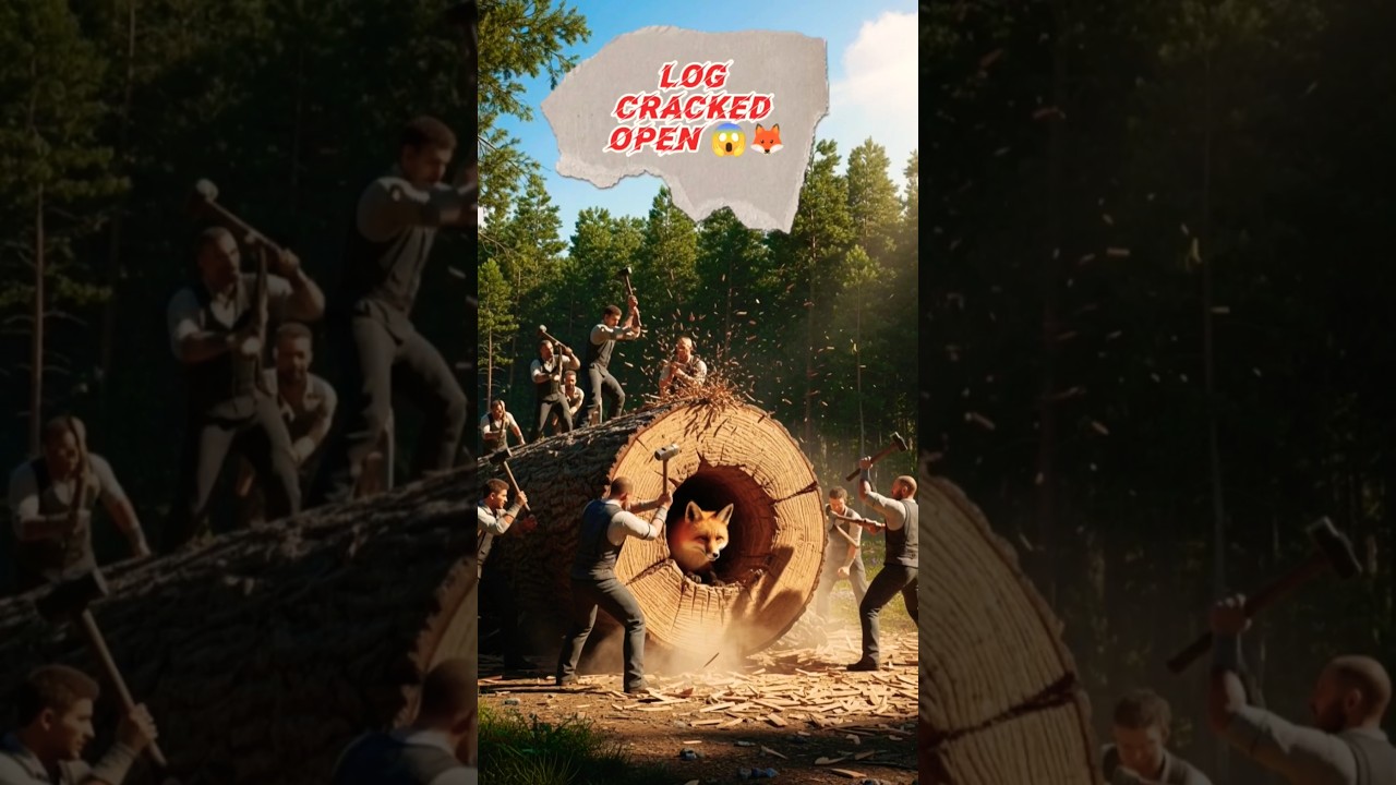 Giant Log Breaks Open 😱 | Men Hammering Reveal Fox & Cubs 🦊 | #LakdaAurLomdiStory #shorts #viral