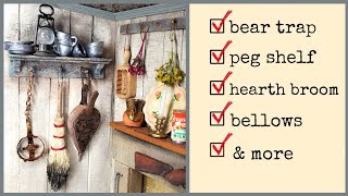 DIY hearth broom, bear trap, bellows & shelf • Miniature Accessories