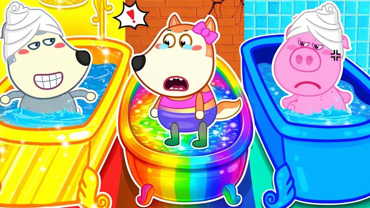La baignoire arc-en-ciel de Lucy🌈Pourquoi mettre de la nourriture dans la baignoire ?| Wolfoo French