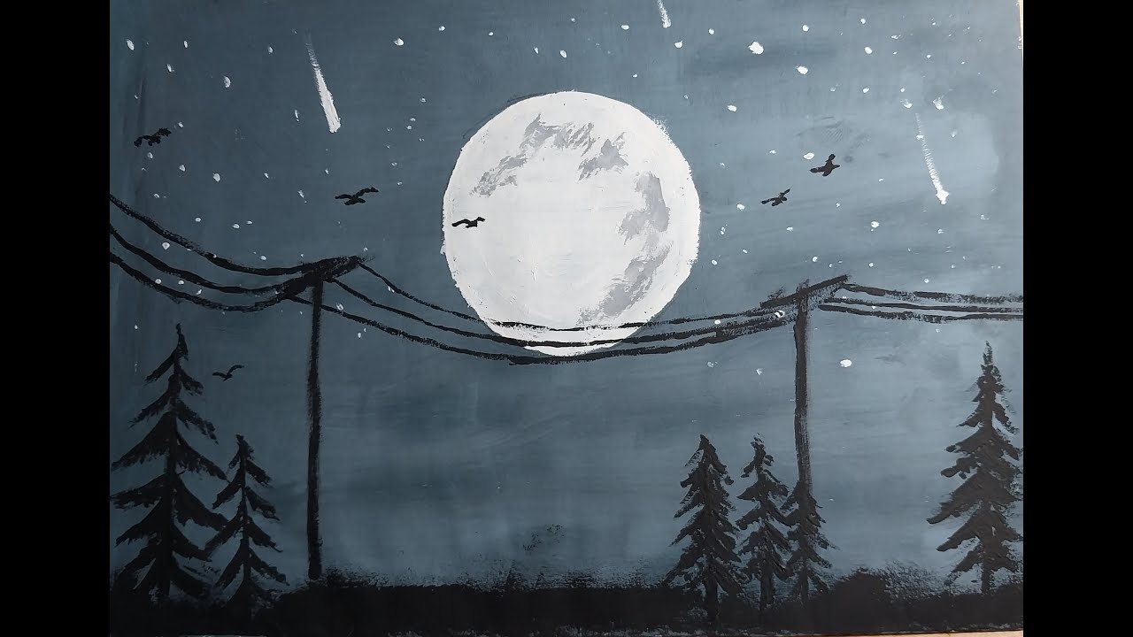 How to draw a full moon night view , Drawing a full moon night landscape How to draw a full moon