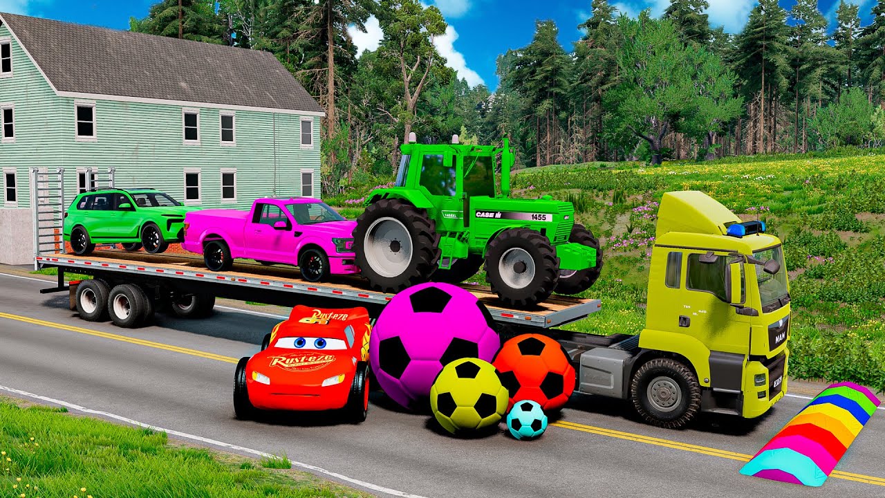 Double Flatbed Trailer Truck vs Speedbumps Train vs Cars | Tractor vs Train Beamng.Drive 