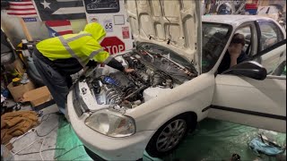 D16y8 (SOHC) VTEC swap into four-door sedan Civic/first startup😳🔥￼#hondacivic#honda #vtec #diy 