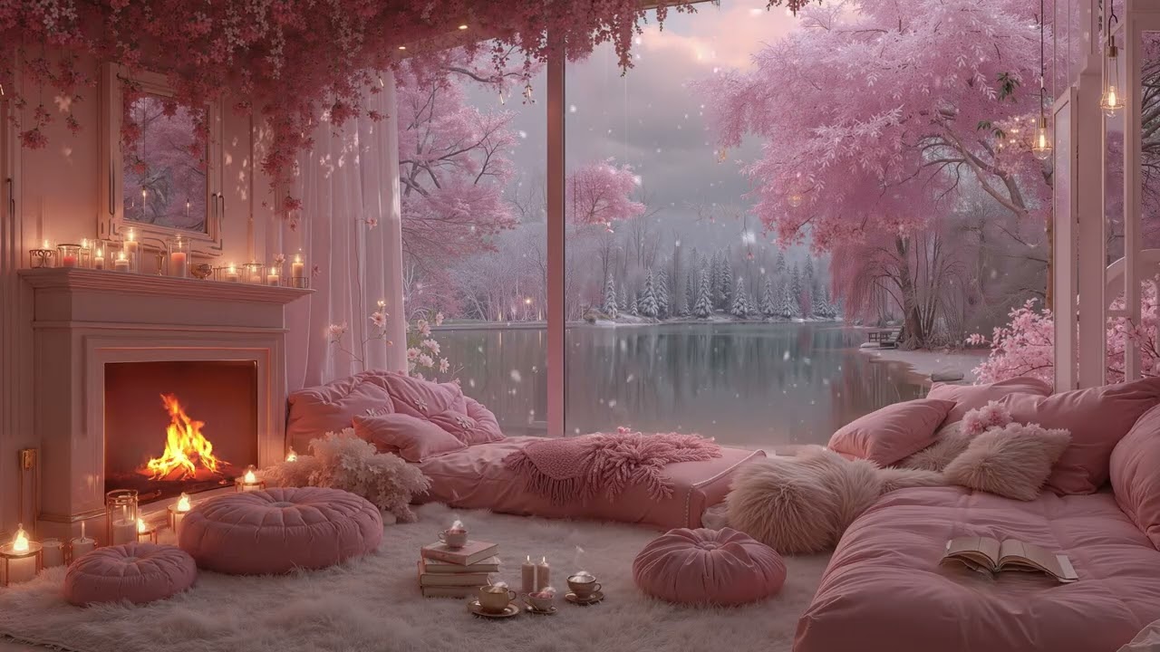 Romantic Pink Winter Lakeside with Soft Piano, Falling Snow & Cozy Fireplace Ambience For Sleep