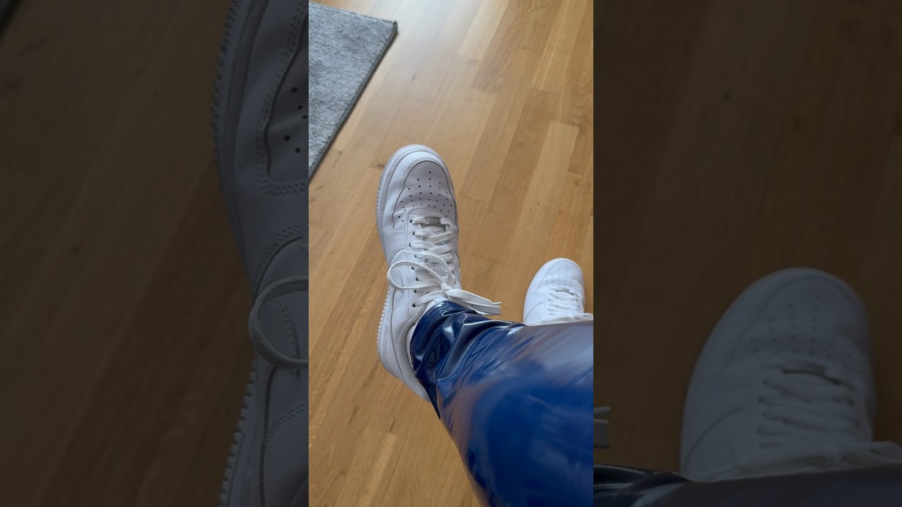 Adidas Ivy Park Latex Pant blue with Nike Air Force 1 on feet