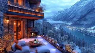 Warm Balcony Winter Space in the Mountains ❄️ Smooth Jazz Music & Snowy Scene, Fireplace for Relax