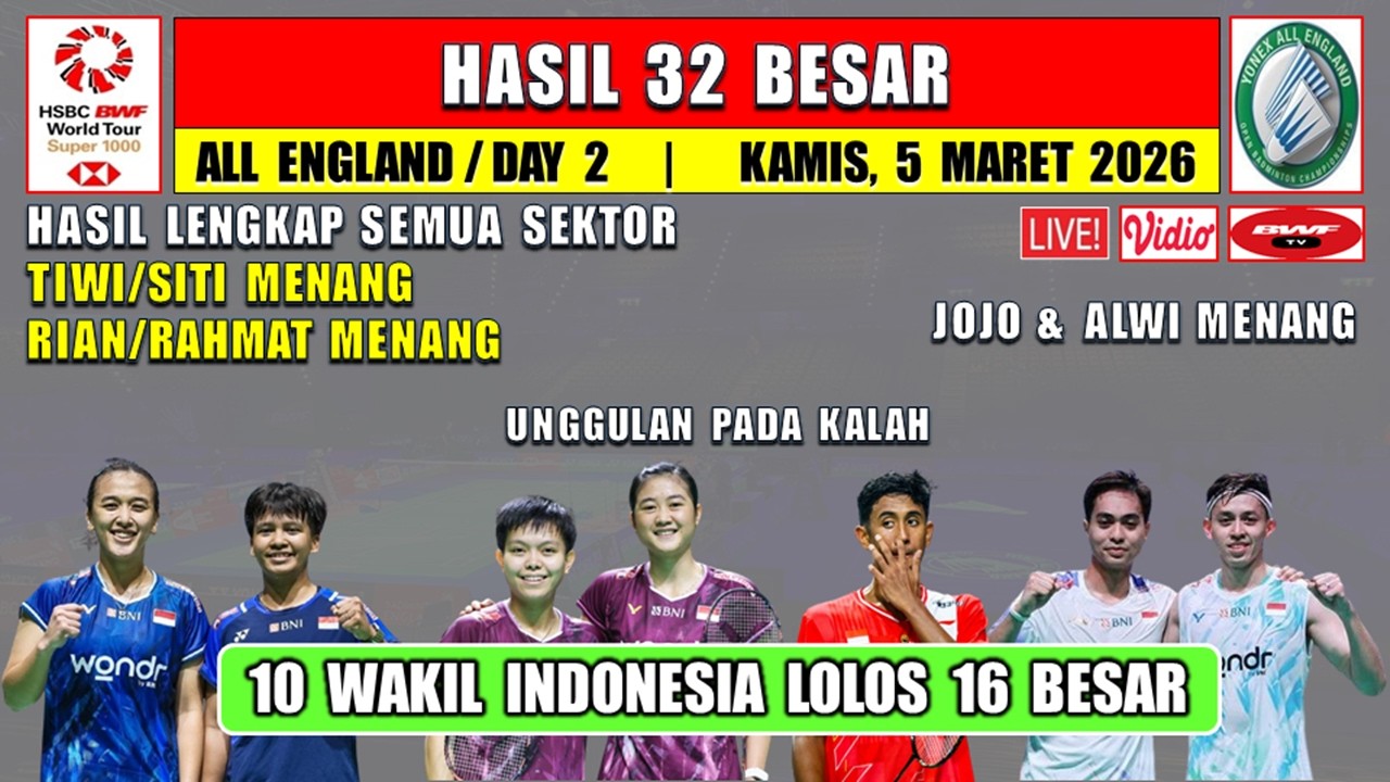 10 WAKIL INDONESIA MENANG ~ Hasil Lengkap All England Open 2026 Hari Ini ~ TIWI/SITI MENANG