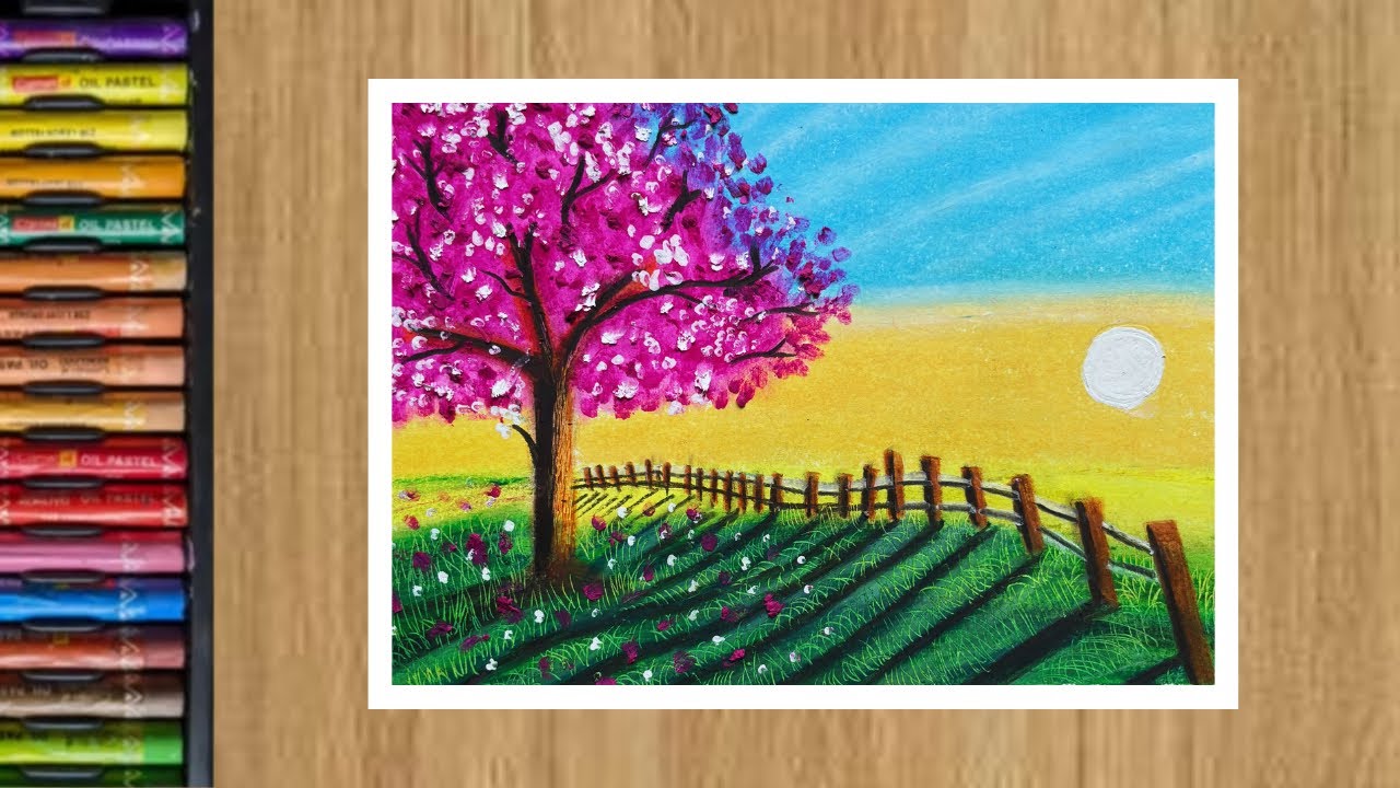 How to draw cherry blossom scenery with oil pastel/for beginners step ...