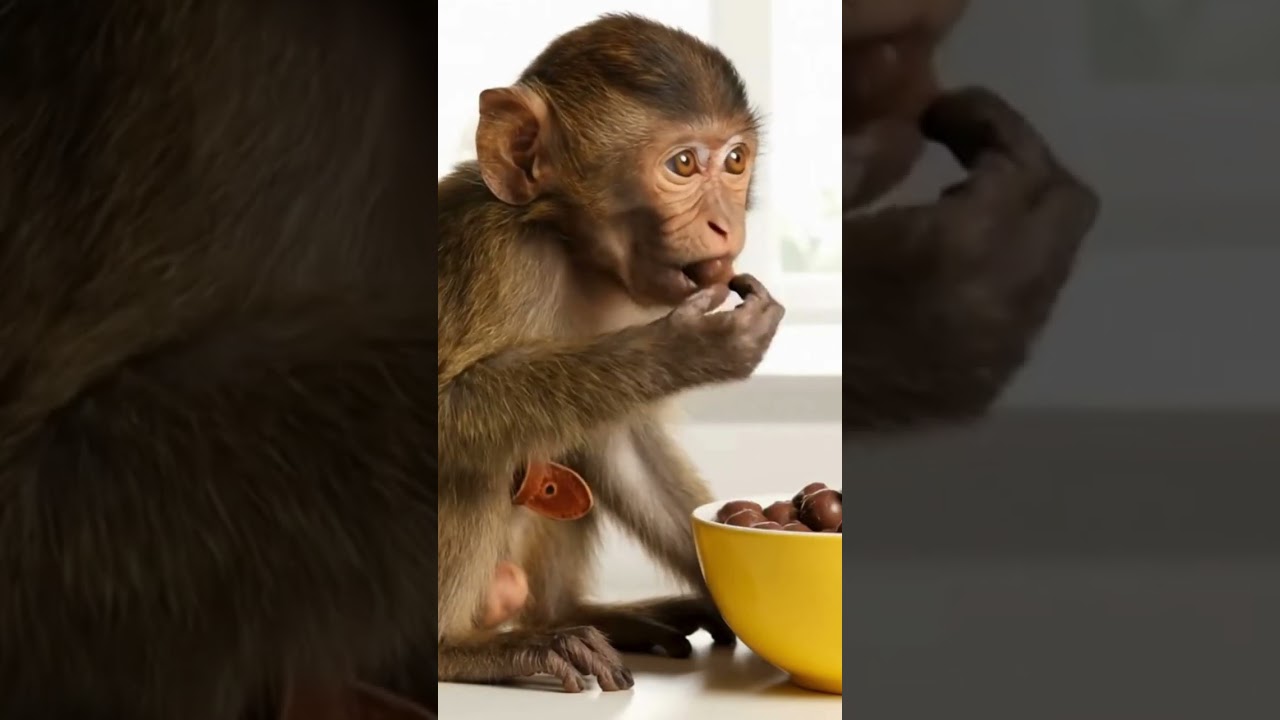 Baby Monkey eating chocolate balls. 