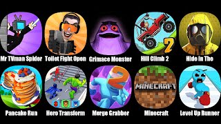 Grimace Monster DOP Story,Toilet Fight Open World,Minecraft,Mr TVman Spider Battle,Hill Climb 2