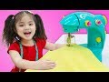 Suri & Annie Pretend Play with Toy Sewing Machine and Sews Beautiful Dresses