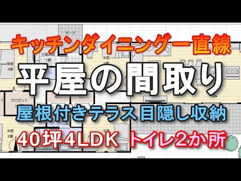 キッチンダイニング一直線平屋の間取り　目隠し収納で家の中が見えない住宅プラン　土間収納　トイレ２か所　広いリビング　屋根付きテラス　３９坪4LDK間取りシミュレーション