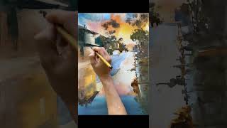 A Peaceful Urban Landscape In Watercolour Rain-Soaked Streets And Sunset Skies