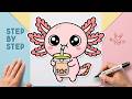How to Draw a Cute Axolotl Drinking Boba 🧋 Easy Step by Step Drawing Lesson
