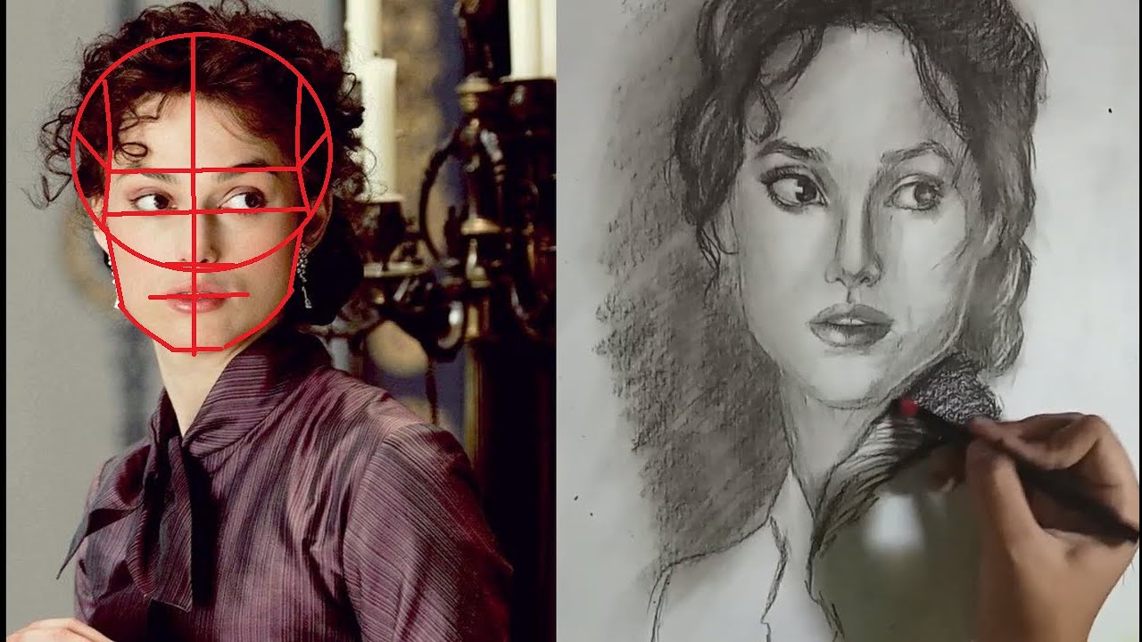 How to draw a portrait using Loomis method - Keira Knightley - charcoal ...
