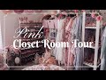 Pink closet tour  girly cottagecore fashion blogger walk in closet room tour 2022