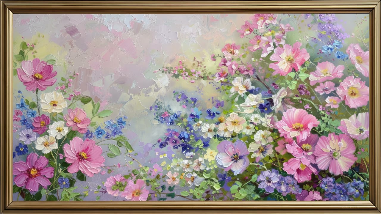 Pastel Floral Frame TV Art 4K | Elegant Pink Wildflowers | Luxury Gold Frame Wall Art Display