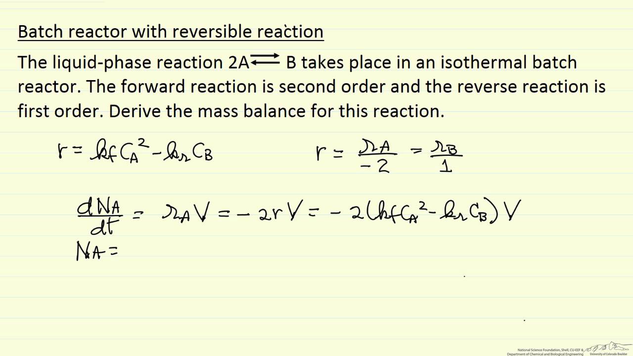 First reaction. Reversible Reactions. Batch Reactor. Mass Balance first order Reaction. Reverse Reaction rate equation.