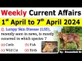 1st april to 7th april 2024 current  april 2024 weekly mcqs current affairs  current affairs 2024