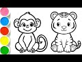 Learn Wild Animals for Toddlers | Monkey and Tiger Drawing and Coloring
