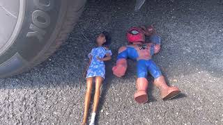 Crushing spiderman and barbie crunchy toy under tire experiment